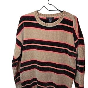 Forever 21 Tan and Pink Striped Crew Neck Sweater